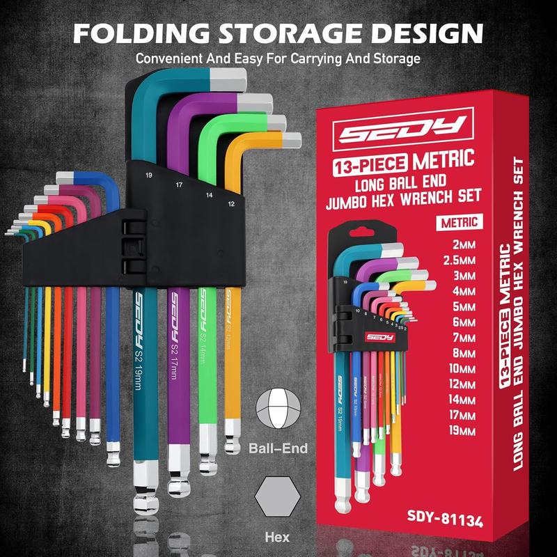13-Piece Color Coding Jumbo Ball End Long Arm Hex-Key Large Allen Wrench Set