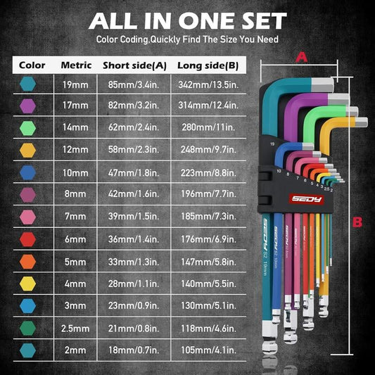 13-Piece Color Coding Jumbo Ball End Long Arm Hex-Key Large Allen Wrench Set